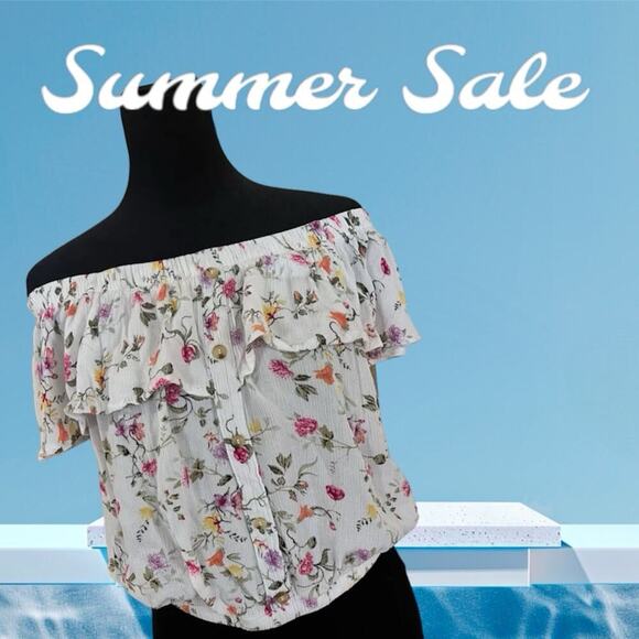 RUE 21 peasant off shoulder white elastic waist, short sleeve top women's M - Picture 1 of 11